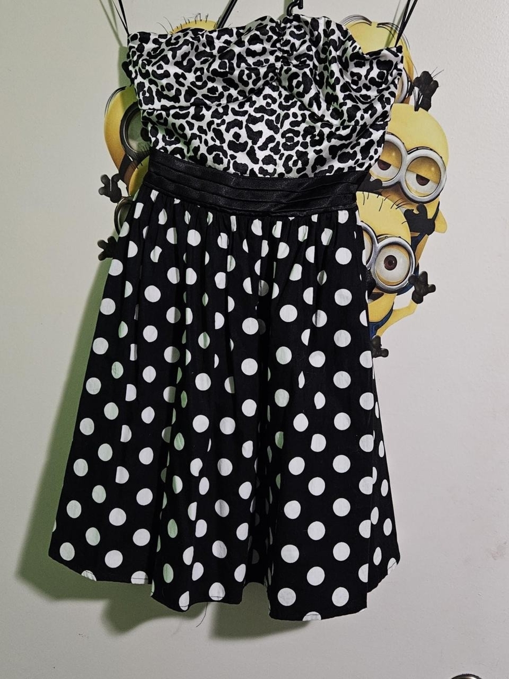 Sweet Love Black and White Strapless Polka Dot & Leopard Print Dress